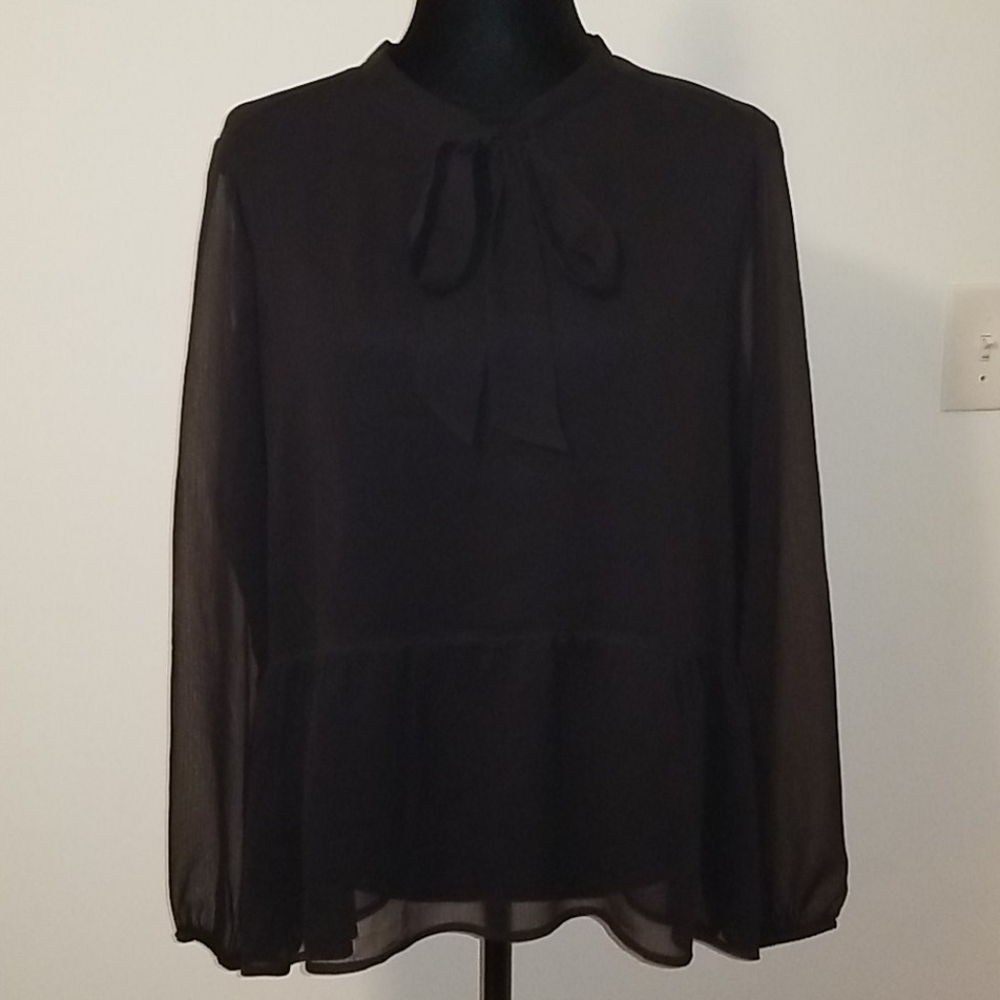 NWOT Express Sheer Peplum Tie Neck Top Long Sleeve